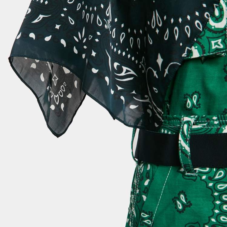 Pre Owned Sacai Green Bandana Print Cotton Scarf Trim Open Back Midi Dress S