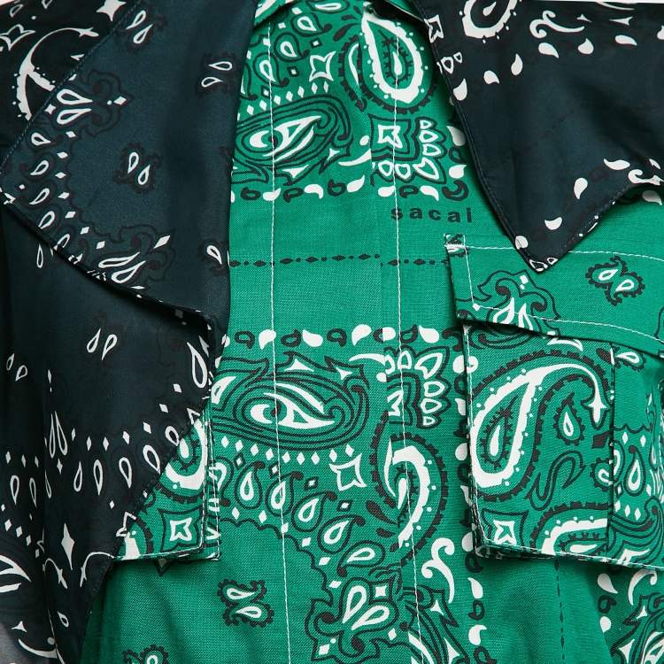Pre Owned Sacai Green Bandana Print Cotton Scarf Trim Open Back Midi Dress S