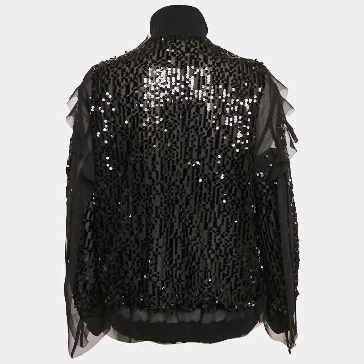 Pre Owned Sacai Black Sequin Crepe Ruffled Zip-Up Bomber Jacket L