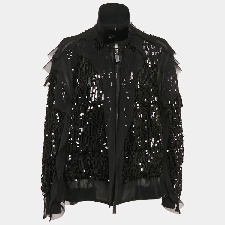 Pre Owned Sacai Black Sequin Crepe Ruffled Zip-Up Bomber Jacket L
