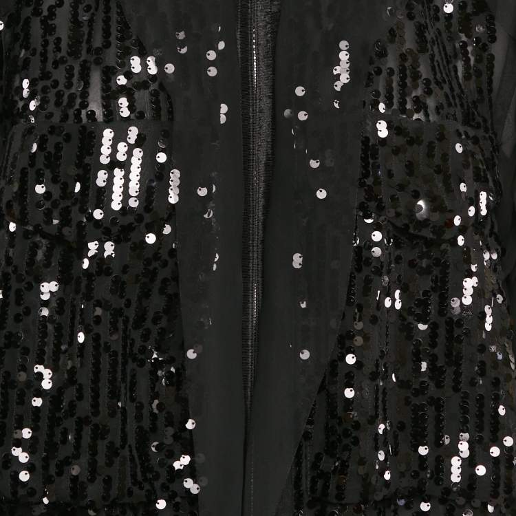 Pre Owned Sacai Black Sequin Crepe Ruffled Zip-Up Bomber Jacket L