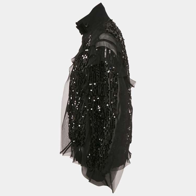 Pre Owned Sacai Black Sequin Crepe Ruffled Zip-Up Bomber Jacket L