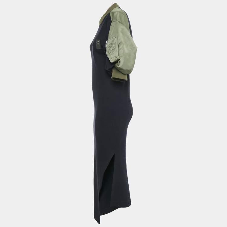 Pre Owned Sacai Navy Blue Rib Knit Puff Sleeve Satin Panel Detail Midi Dress S