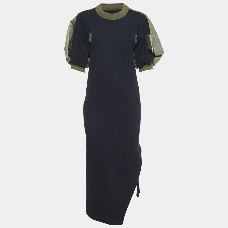 Pre Owned Sacai Navy Blue Rib Knit Puff Sleeve Satin Panel Detail Midi Dress S