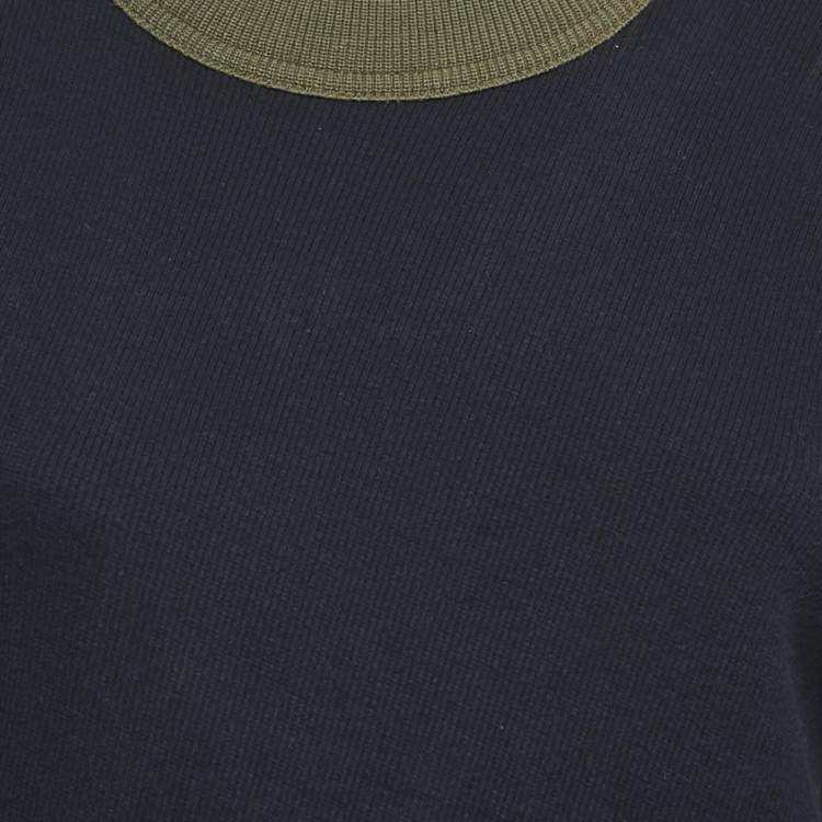 Pre Owned Sacai Navy Blue Rib Knit Puff Sleeve Satin Panel Detail Midi Dress S