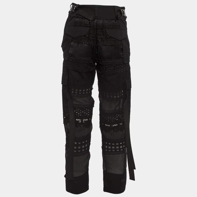 Pre Owned Sacai Black Eyelet Lace & Sheer Chiffon Paneled Trousers S