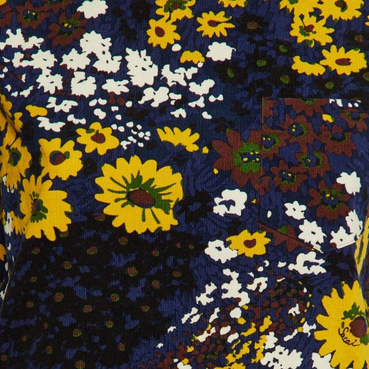 Pre Owned Sacai Navy Blue Floral Print Corduroy & Chiffon Top and Skirt Set S