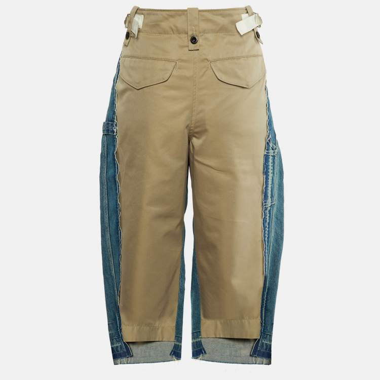 Pre Owned Sacai Blue Denim & Beige Synthetic Paneled Capri Pants M