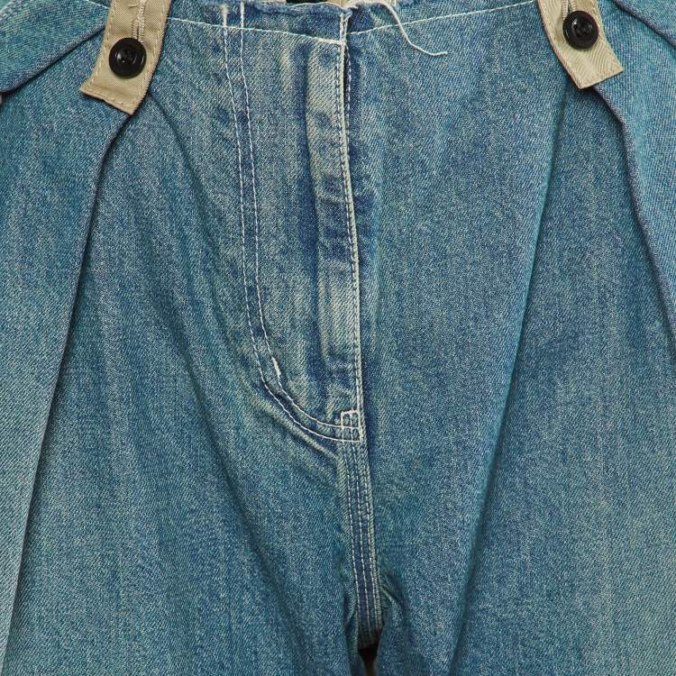 Pre Owned Sacai Blue Denim & Beige Synthetic Paneled Capri Pants M