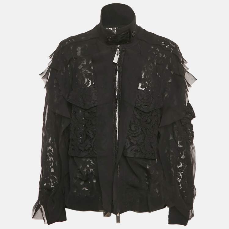 Pre Owned Sacai Black Lace Ruffle Detail Zip Up Jacket M