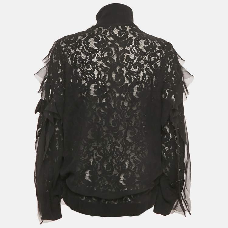 Pre Owned Sacai Black Lace Ruffle Detail Zip Up Jacket M