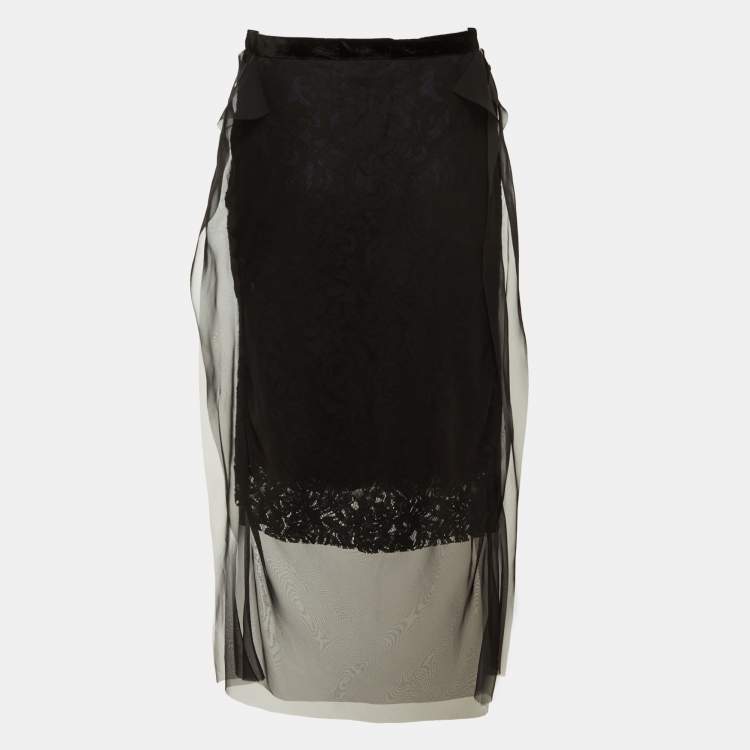 Pre Owned Sacai Black Lace & Tulle Overlay Midi Skirt M 