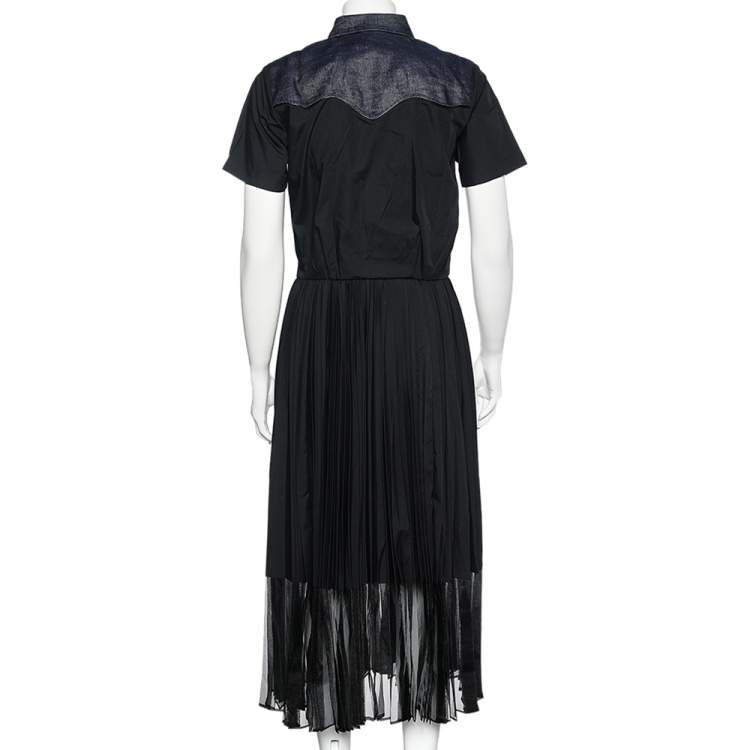 Pre Owned Sacai Indigo Denim & Poplin Pleated Wrap Maxi Dress XS
