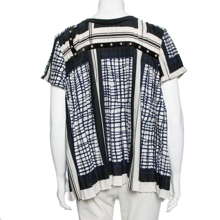 Pre Owned Sacai Multicolored Geometric Printed Georgette Pleated Short Sleeve Top L