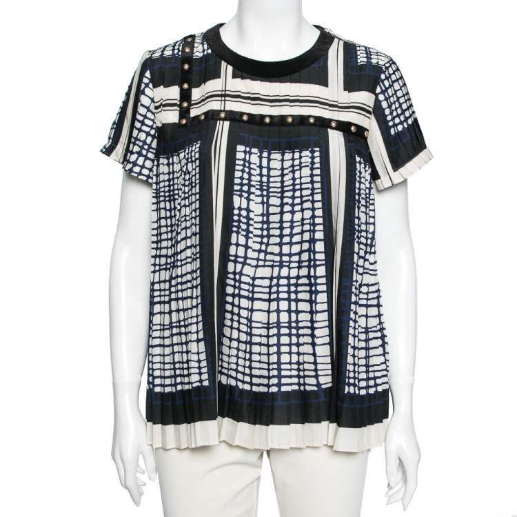 Pre Owned Sacai Multicolored Geometric Printed Georgette Pleated Short Sleeve Top L