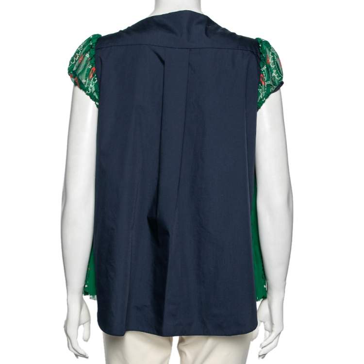 Pre Owned Sacai Green Paisley Printed Chiffon Plisse Pleated Top M