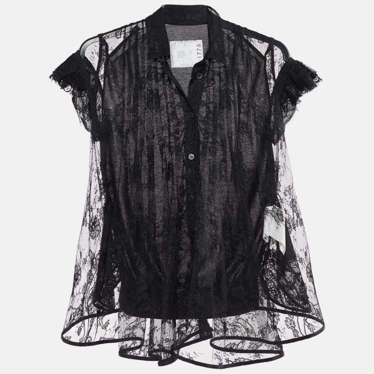 Pre Owned Sacai Black Lace & Cotton Paneled Button Front Top S