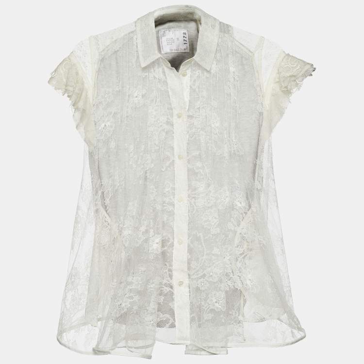 Pre Owned Sacai White Lace & Cotton Paneled Button Front Top S