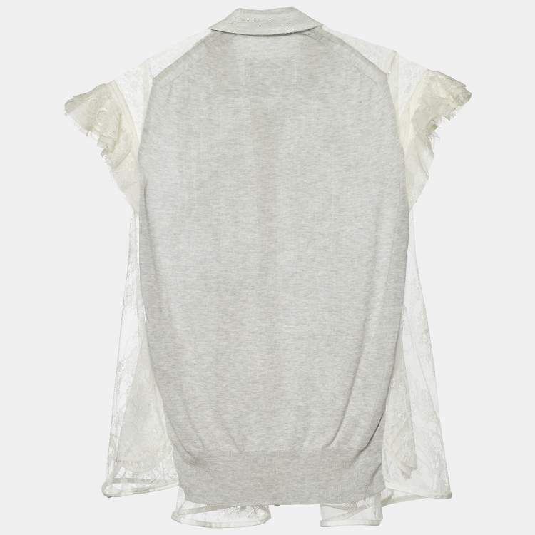 Pre Owned Sacai White Lace & Cotton Paneled Button Front Top S