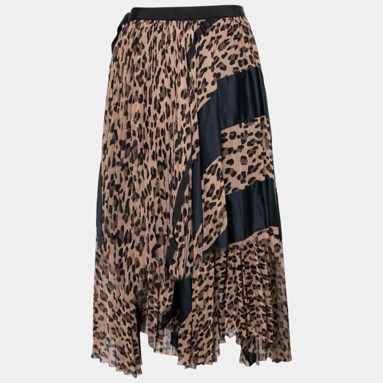 Pre Owned Sacai Brown Animal Print Chiffon Pleated Wrap Skirt S