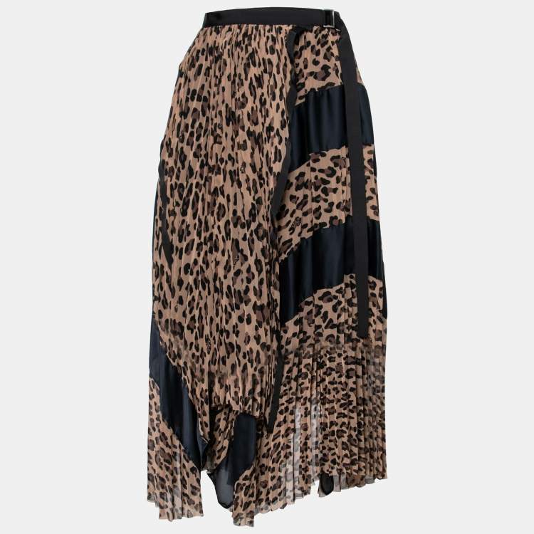 Pre Owned Sacai Brown Animal Print Chiffon Pleated Wrap Skirt S