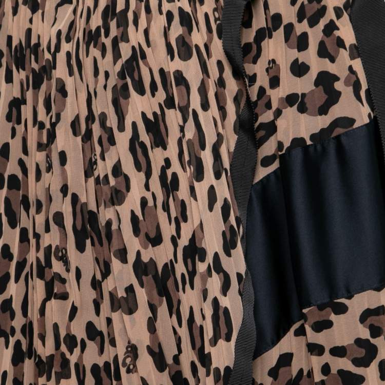 Pre Owned Sacai Brown Animal Print Chiffon Pleated Wrap Skirt S