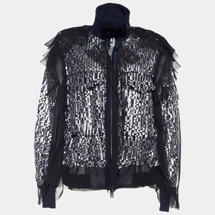 Pre Owned Sacai Navy Blue Sequined Bomber Jacket S