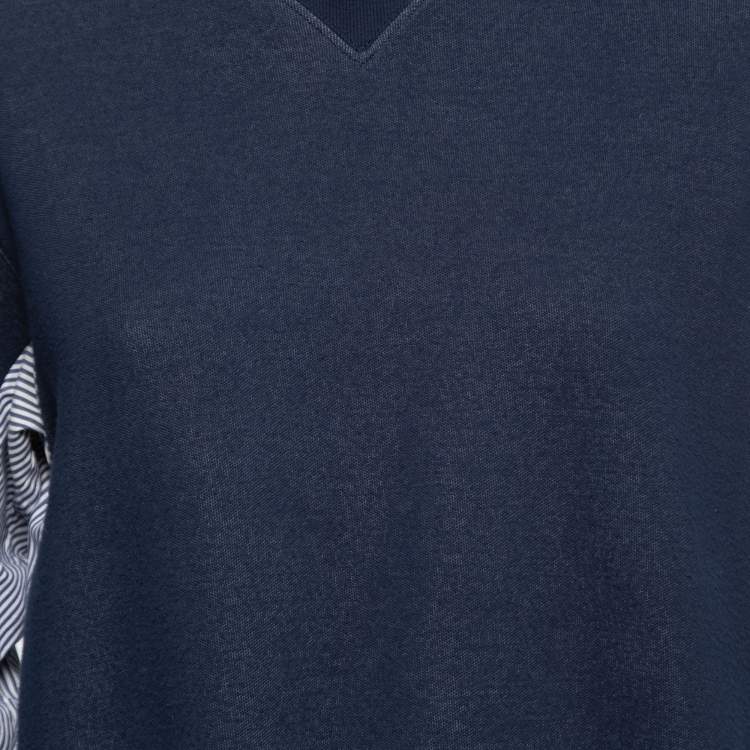 Pre Owned Sacai Navy Blue Knit & Striped Cotton Poplin Back Sweatshirt S