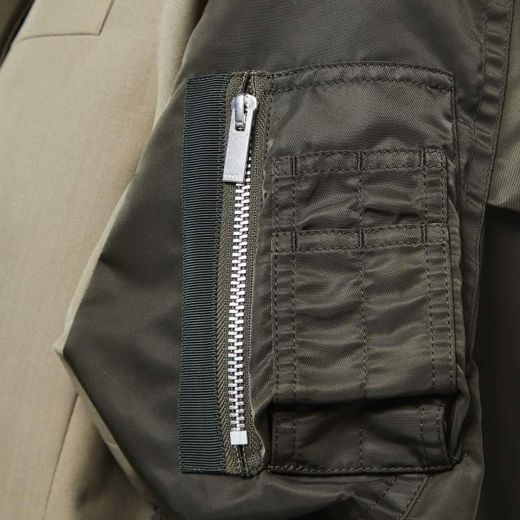 مملوكة مسبقًا Sacai Green Wool Blend Satin Paneled Double Breasted Blazer S