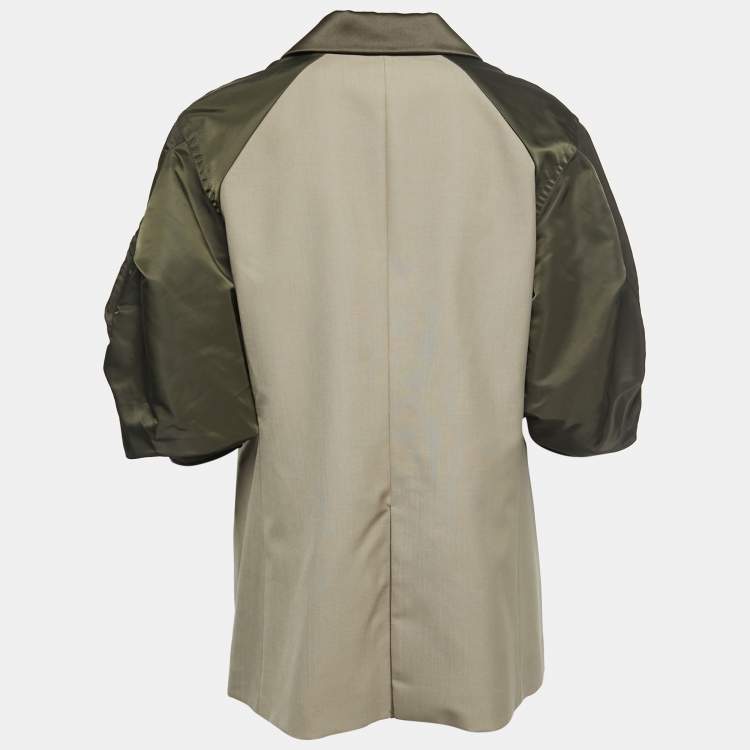 مملوكة مسبقًا Sacai Green Wool Blend Satin Paneled Double Breasted Blazer S
