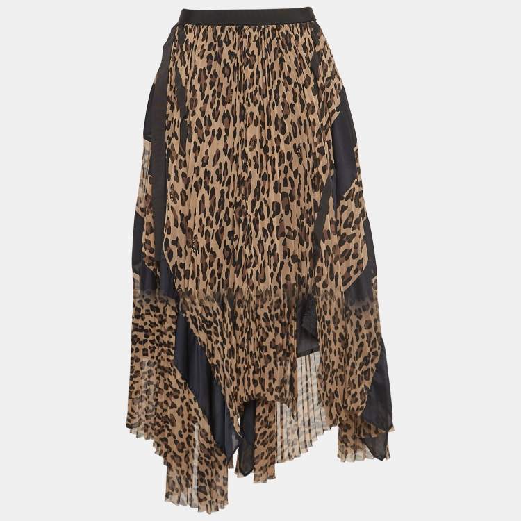 スカート Sacai Leopard skirt Brown Sacai Brown Leopard Print Pleated Crepe Asymmetrical Midi