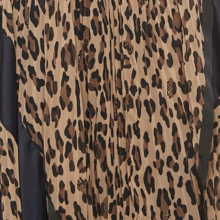مملوكة مسبقًا Sacai Brown Leopard Print Pleated Crepe Asymmetrical Midi Skirt S