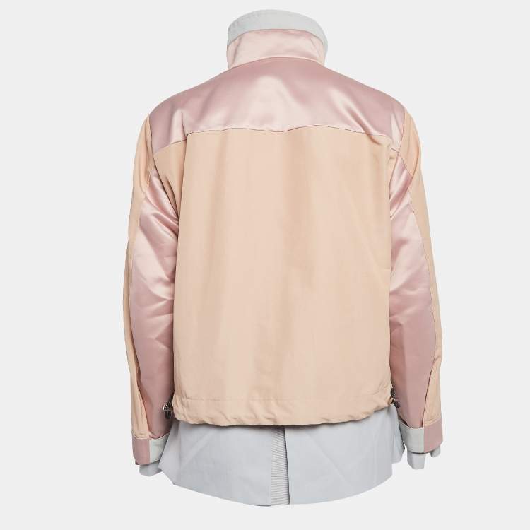 Pre Owned Sacai Beige Satin Trimmed Synthetic Layered Zipper Jacket M