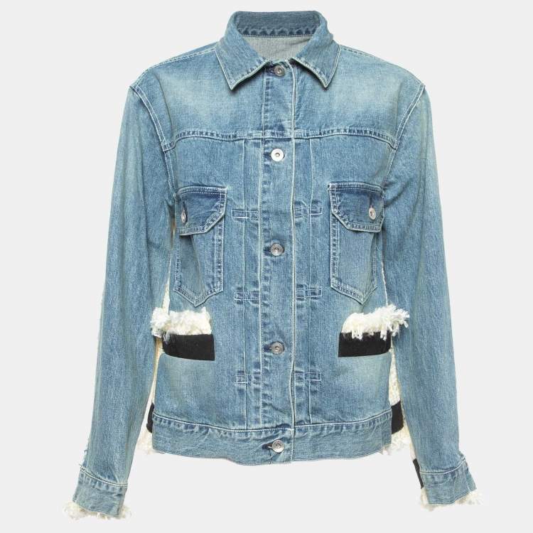 Pre Owned Sacai Blue Tweed Trim Denim Fringed Buttoned Jacket M
