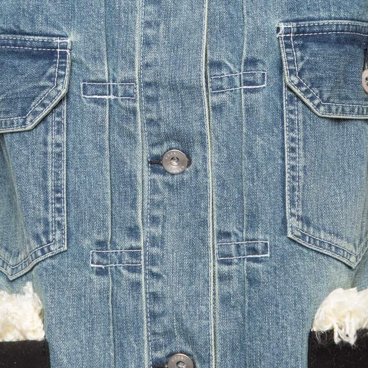 Pre Owned Sacai Blue Tweed Trim Denim Fringed Buttoned Jacket M