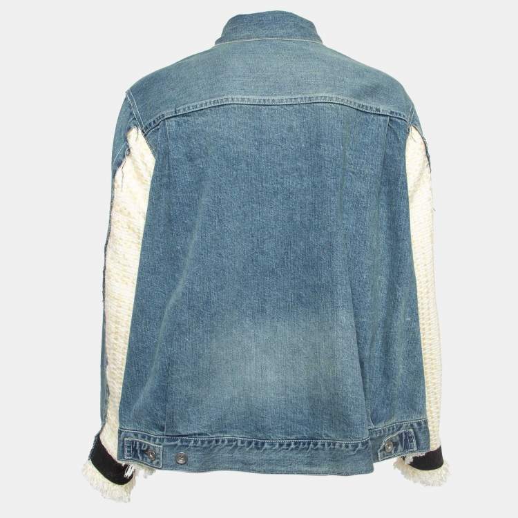 Pre Owned Sacai Blue Tweed Trim Denim Fringed Buttoned Jacket M
