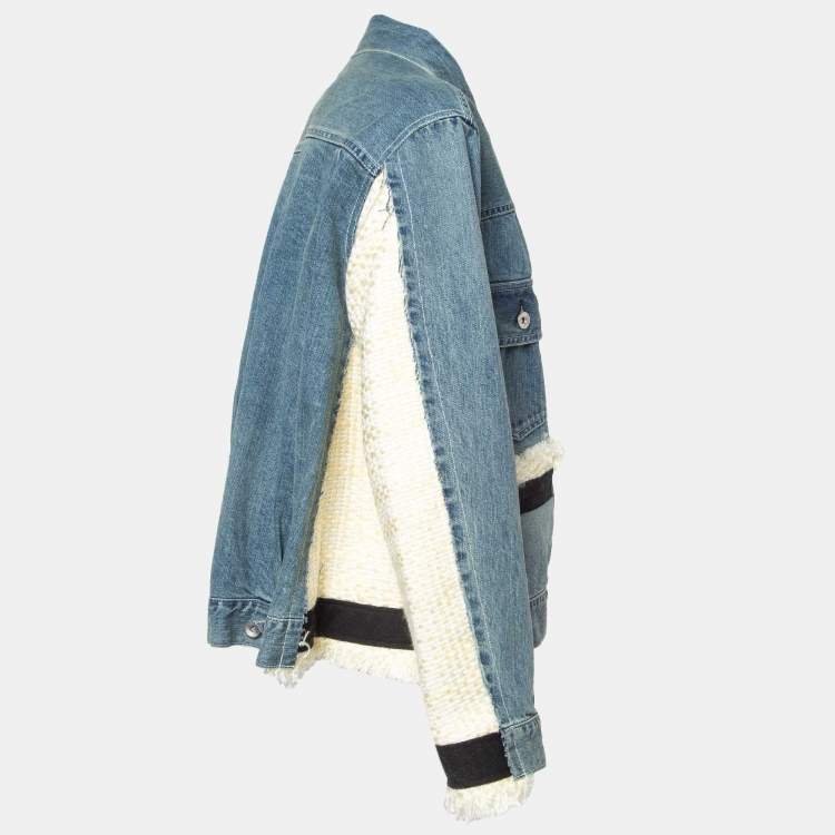 Pre Owned Sacai Blue Tweed Trim Denim Fringed Buttoned Jacket M