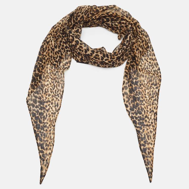 Pre Owned Saint Laurent Brown Leopard Print Wool Losange Scarf
