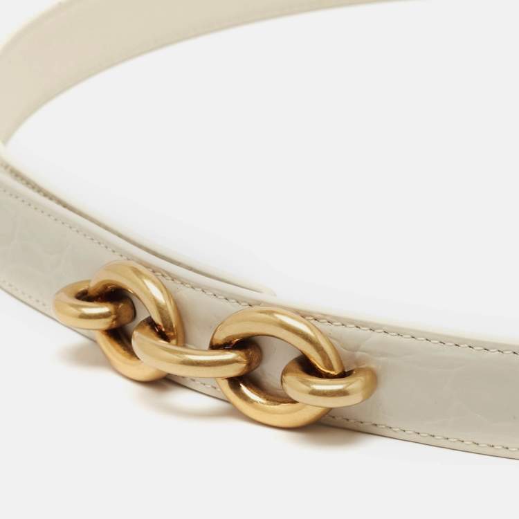 Pre Owned Saint Laurent Off White Croc Embossed Leather Chain Detail Waist Belt 75CM