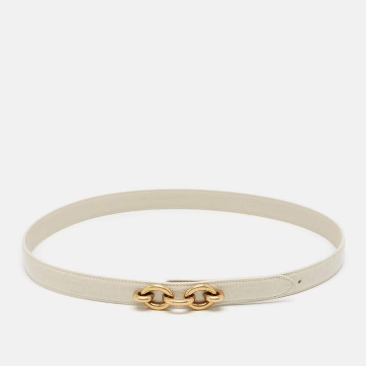 Pre Owned Saint Laurent Off White Croc Embossed Leather Chain Detail Waist Belt 75CM