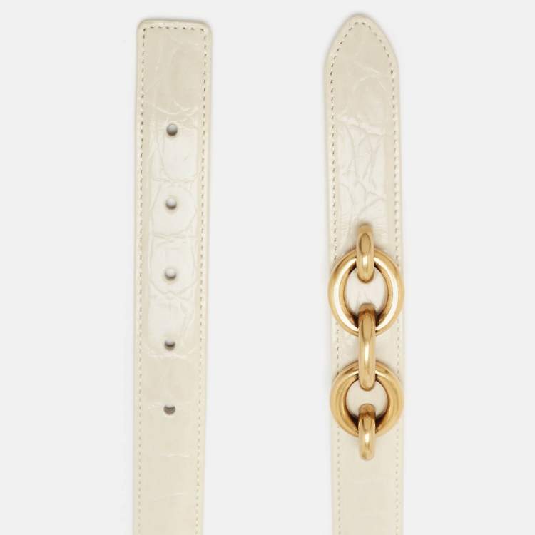 Pre Owned Saint Laurent Off White Croc Embossed Leather Chain Detail Waist Belt 75CM