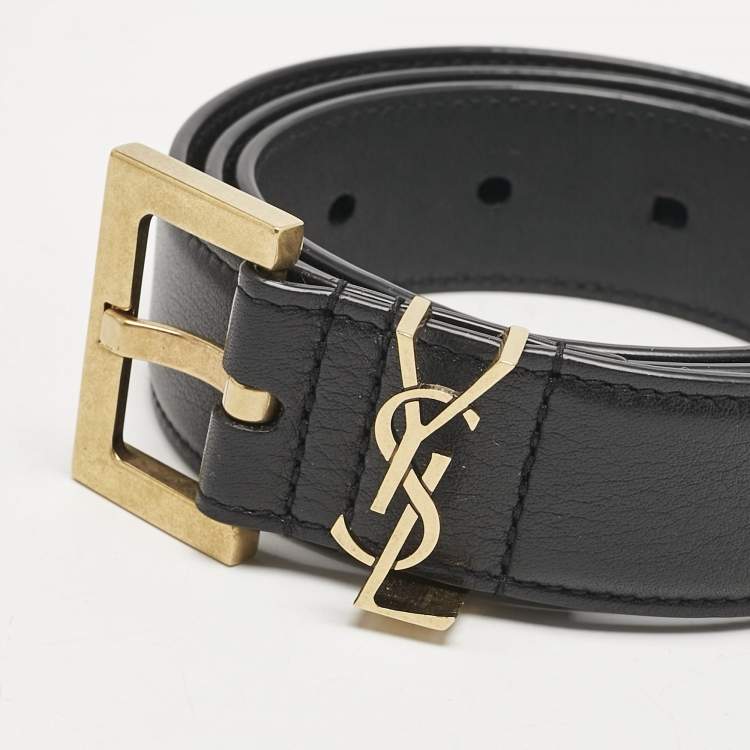 Pre Owned Saint Laurent Black Leather Cassandre Buckle Belt 80CM