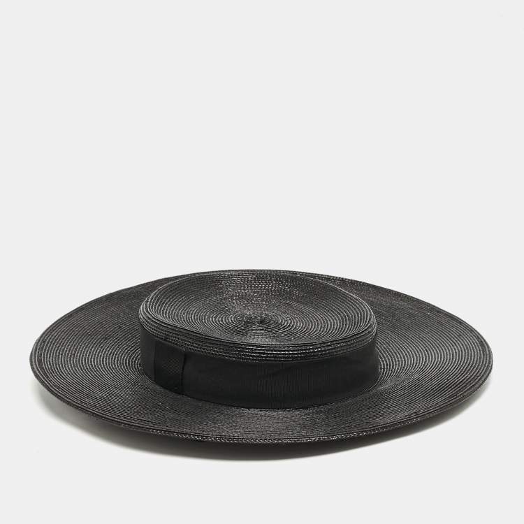 Pre Owned Saint Laurent Paris Black Straw Chapeau Grand Canotier Hat M