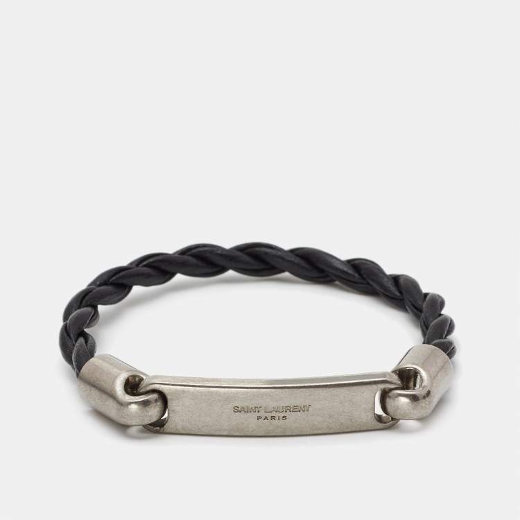 Pre Owned Saint Laurent Black Woven Leather Id Tag Silver Tone Bracelet 