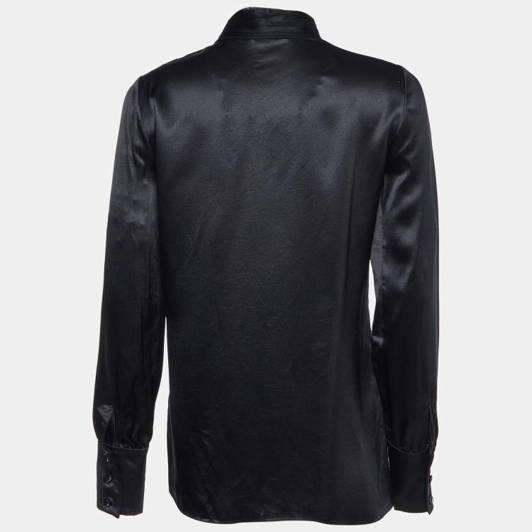 Pre Owned Saint Laurent Black Satin Silk Neck Detail Shirt S
