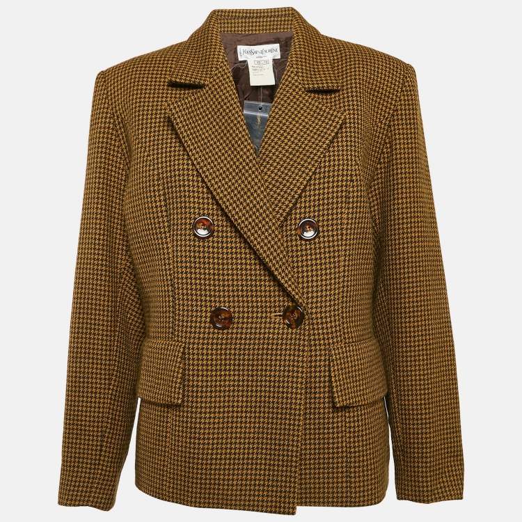 Pre Owned Yves Saint Laurent Vintage Yellow/Black Houndstooth Wool Double Breasted Blazer XL