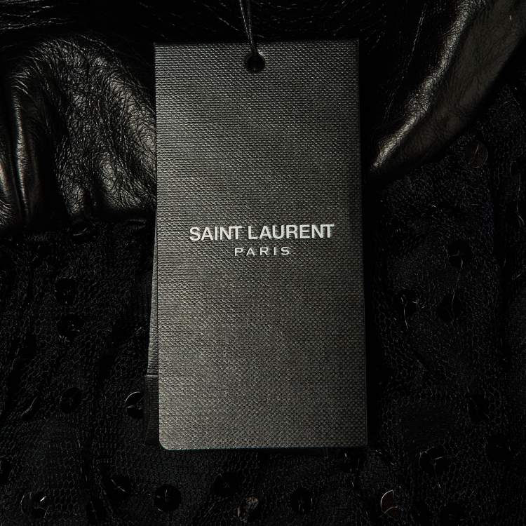 Pre Owned Saint Laurent Black Leather & Sequin Tulle Mini Skirt L 