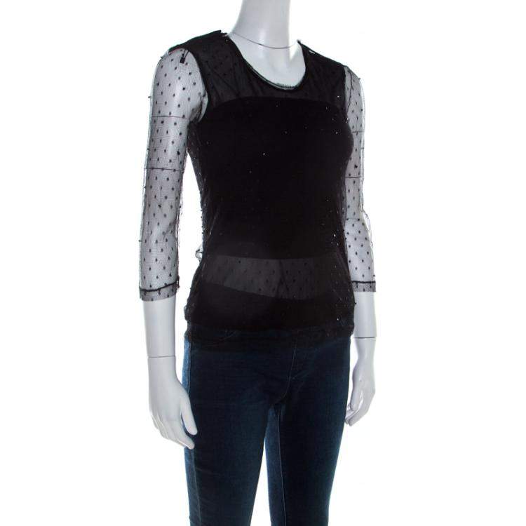 Pre Owned Saint Laurent Paris Black Bead Embellished Mesh Long Sleeve Top XS
