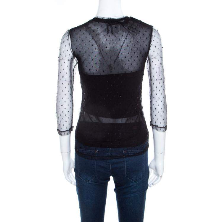 Pre Owned Saint Laurent Paris Black Bead Embellished Mesh Long Sleeve Top XS