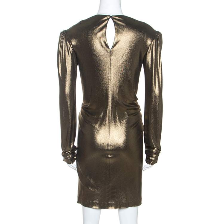 Pre Owned Saint Laurent Paris Gold Stretch Knit Gathered Waist Detail Dress M